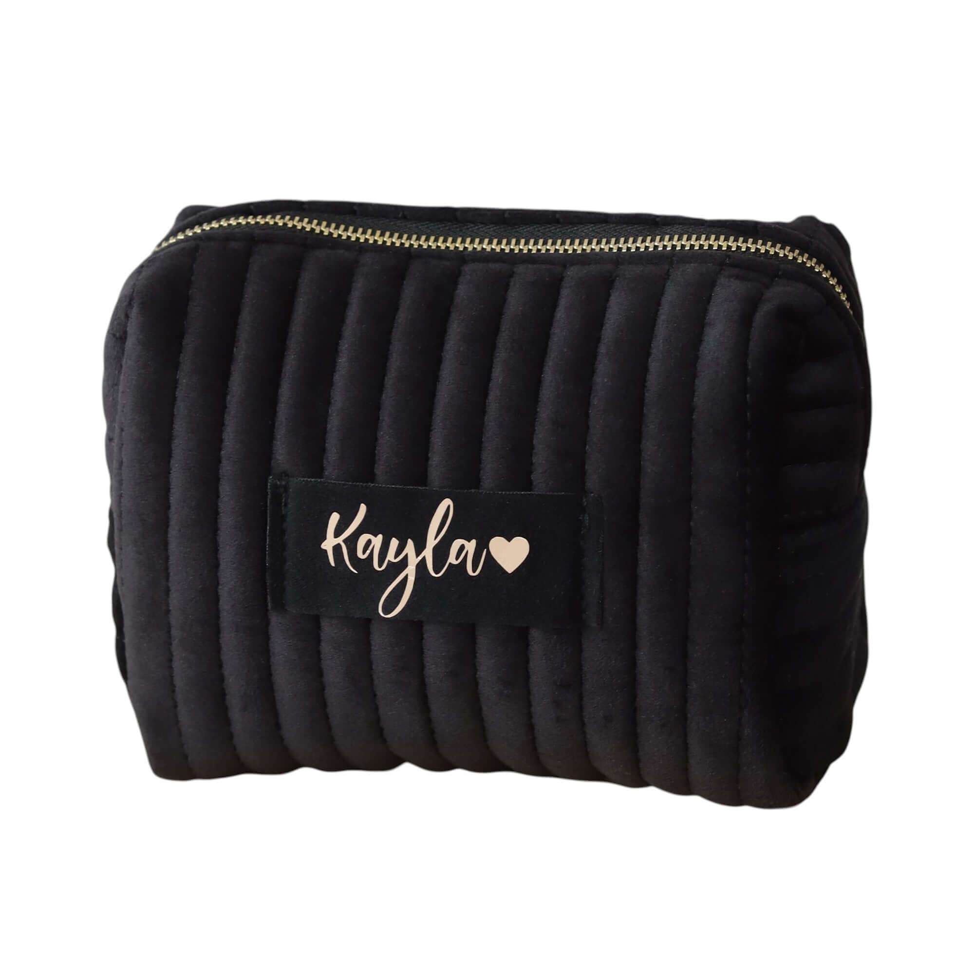 Personalized quilted makeup bag black velvet cosmetic pouch