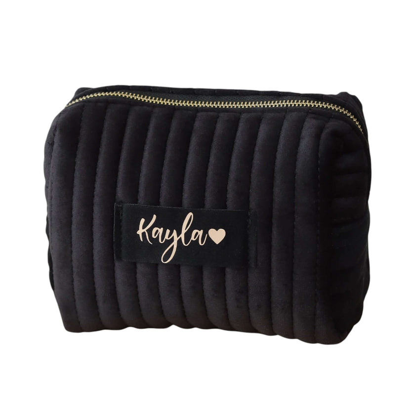 Personalized quilted makeup bag black velvet cosmetic pouch