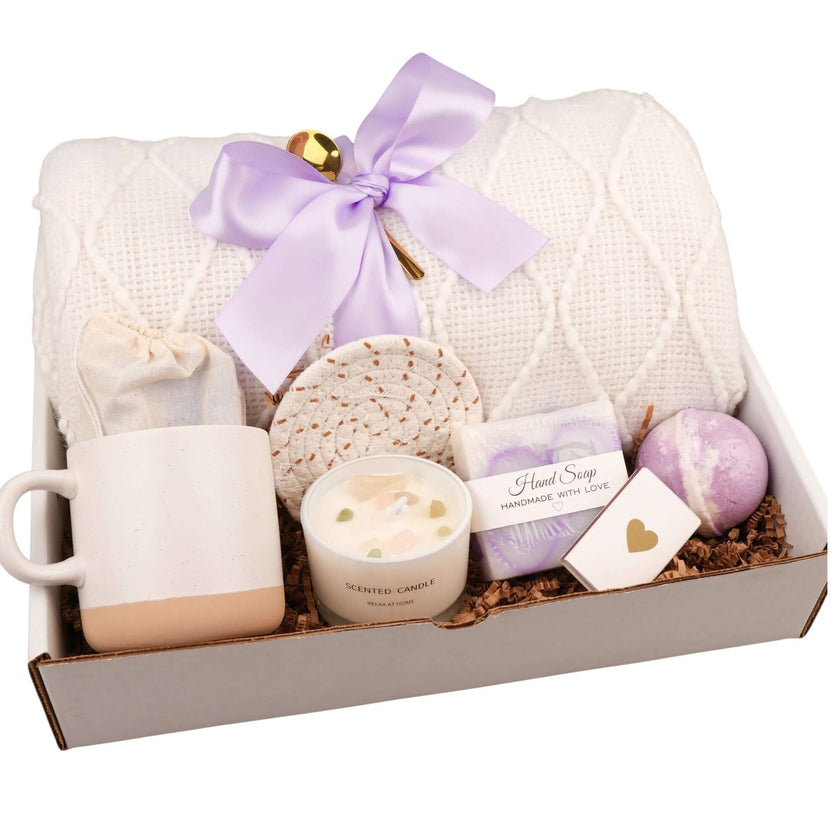 Luxury hygge gift box with blanket and self care items cozy gift set