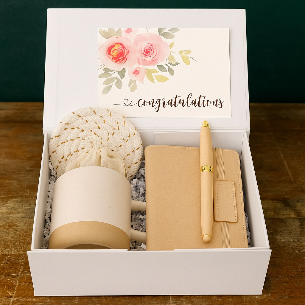 Gift box with journal and cozy accessories for relaxation
