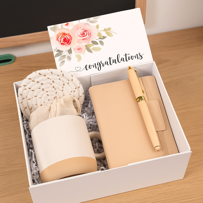 Self care gift set with notebook coffee and cozy items