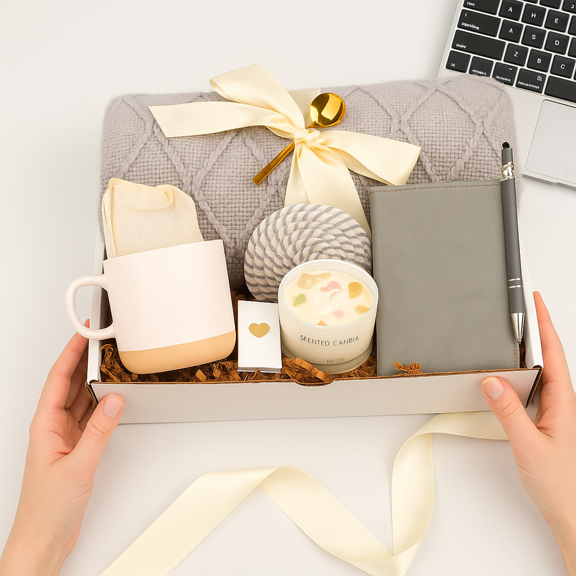 Relaxing hygge gift set with blanket and spa inspired items
