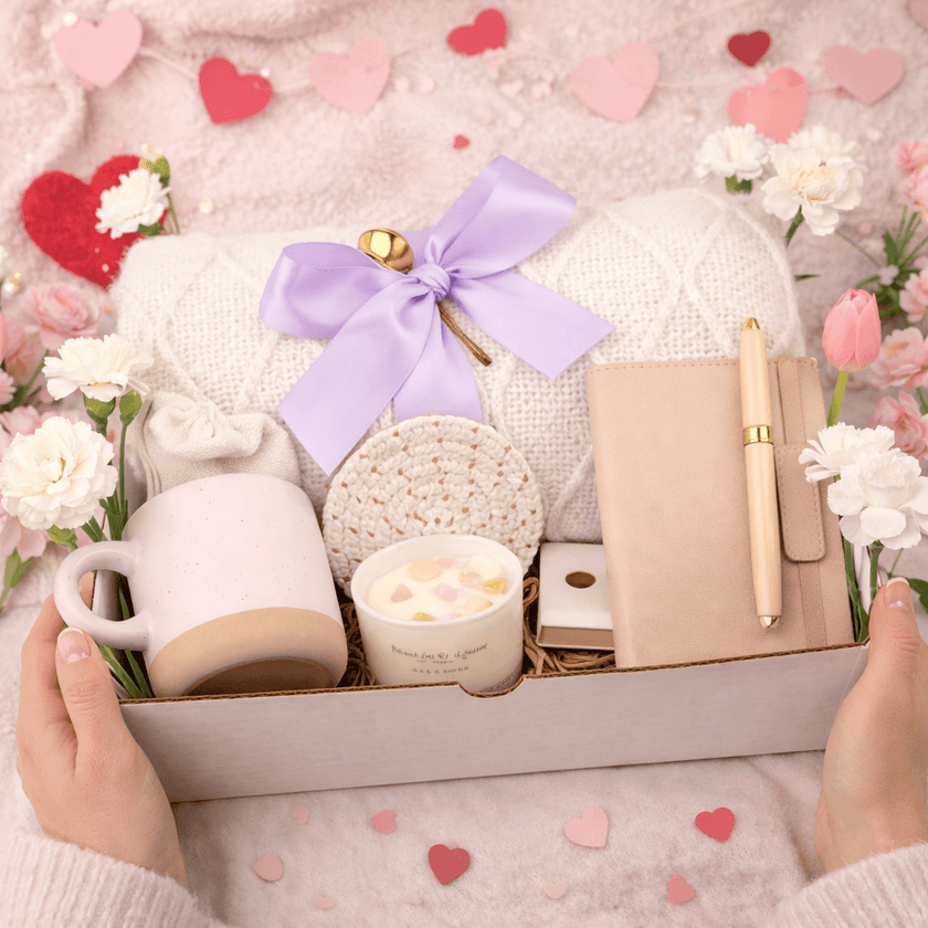 Cozy gift box with blanket candles and relaxing self care products