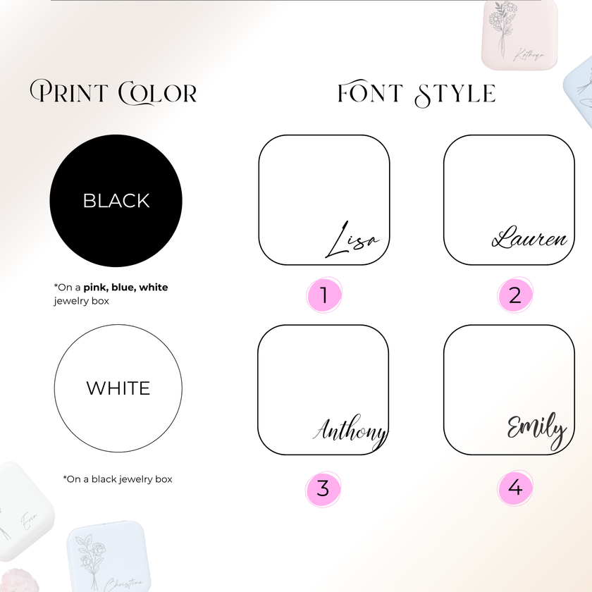 Jewelry box personalization options name and flower design preview