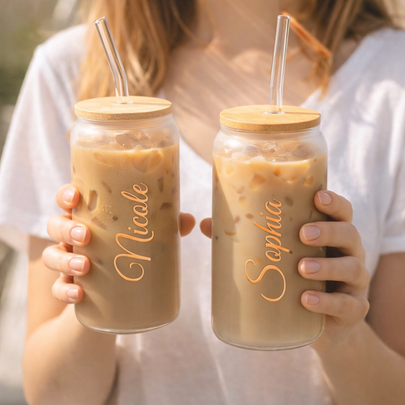 Personalized Frosted Glass Tumbler with Lid | Custom Iced Coffee Cup