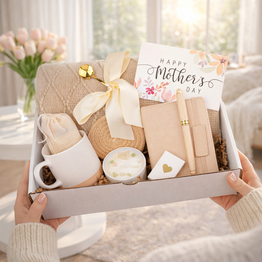 Luxury hygge gift box with blanket and self care items cozy gift set