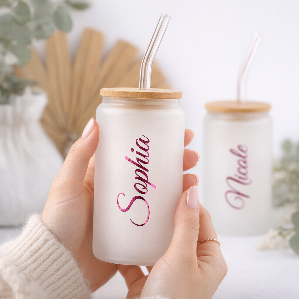Personalized Frosted Glass Tumbler with Lid | Custom Iced Coffee Cup