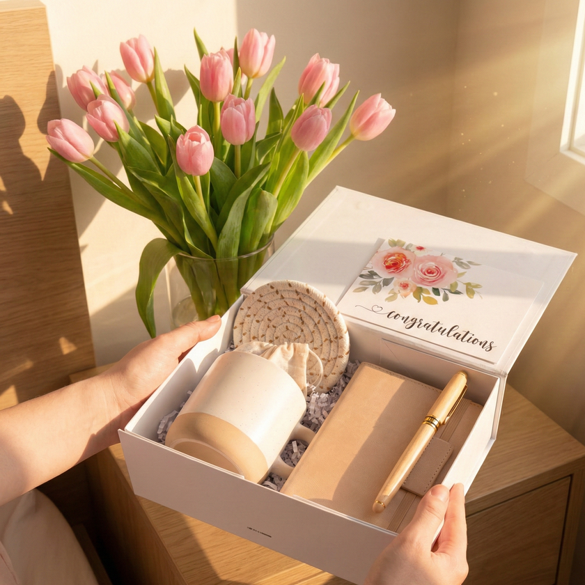 Relaxation gift box with notebook and cozy self care products