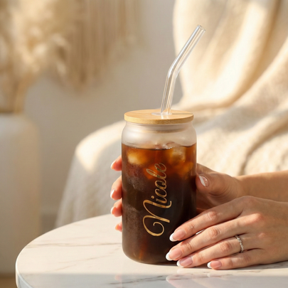 Personalized Frosted Glass Tumbler with Lid | Custom Iced Coffee Cup
