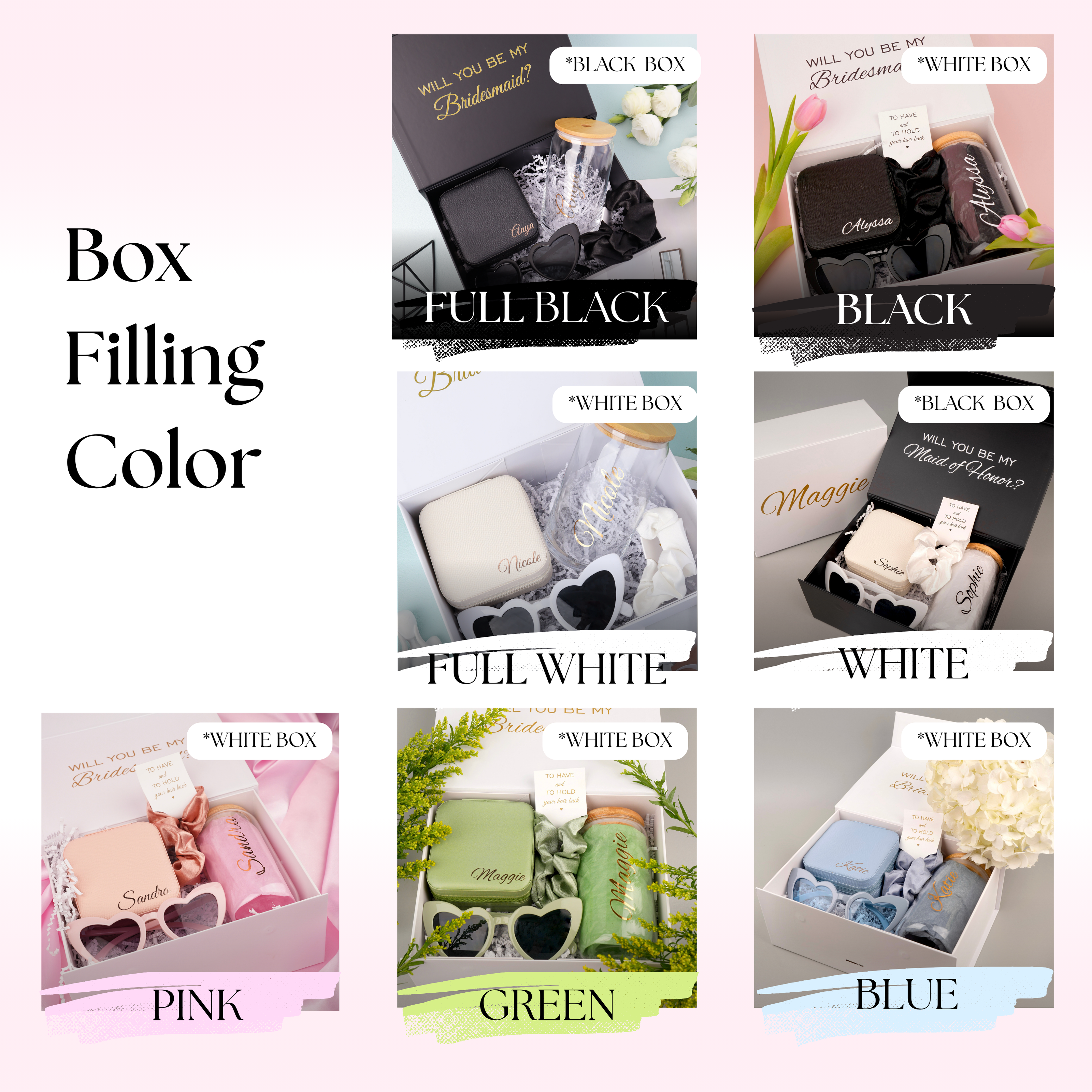 Bridesmaid gift box set usage and styling inspiration collage