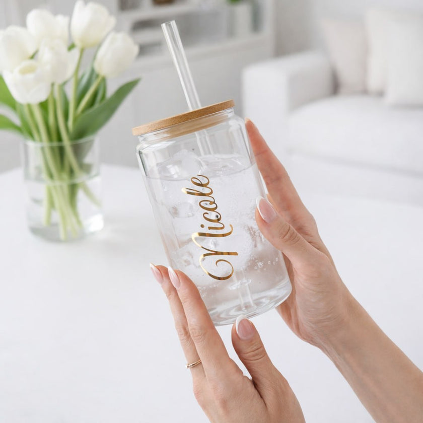 Personalized Frosted Glass Tumbler with Lid | Custom Iced Coffee Cup