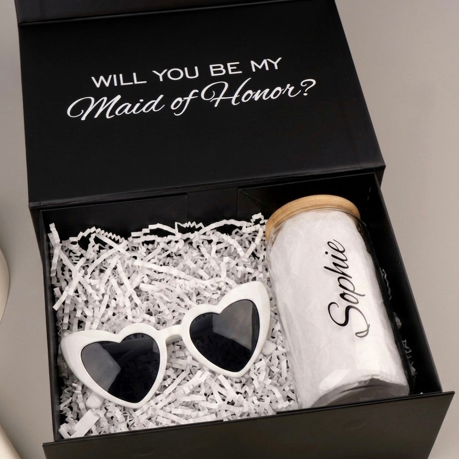 Personalized Gift Box Set – Glass Tumbler & Sunglasses for Bridesmaids & Special Occasions