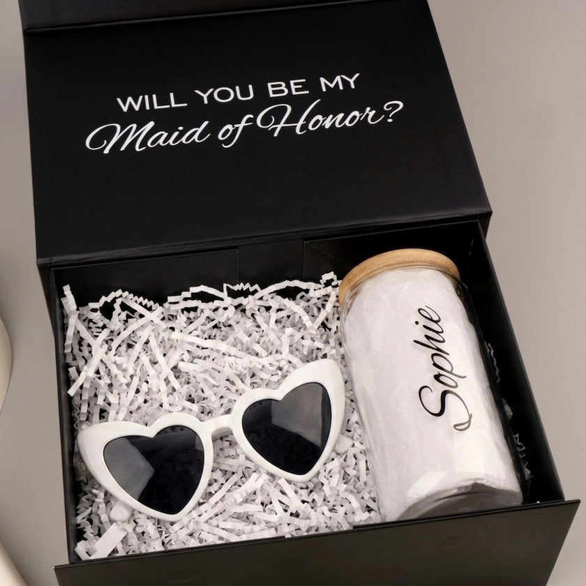 Personalized Gift Box Set – Glass Tumbler & Sunglasses for Bridesmaids & Special Occasions