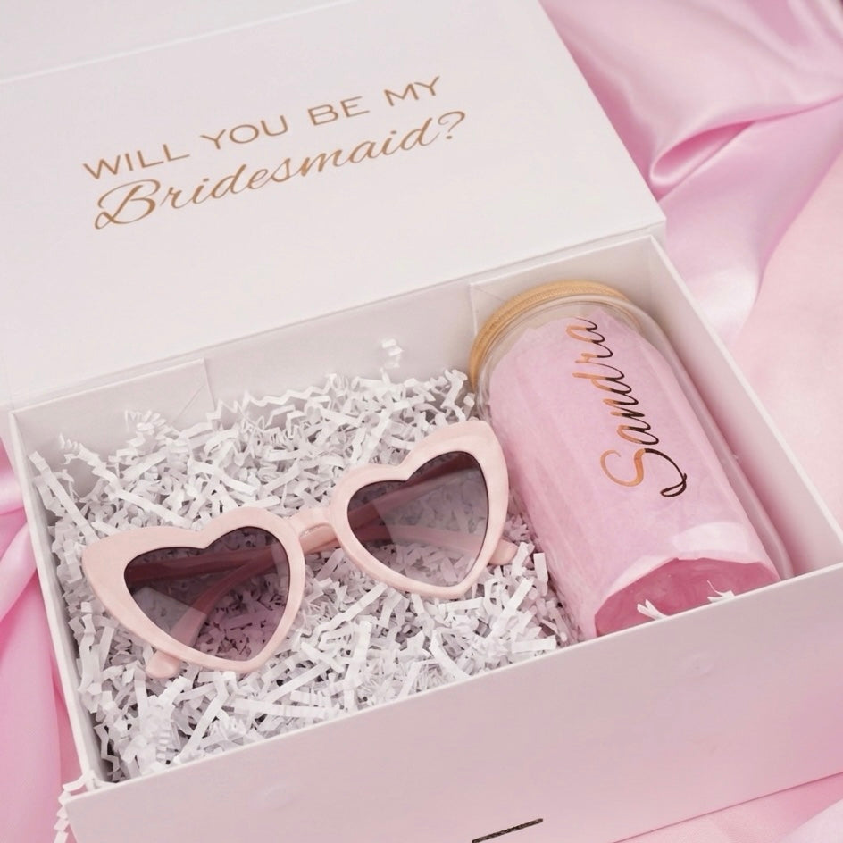 Personalized Gift Box Set – Glass Tumbler & Sunglasses for Bridesmaids & Special Occasions