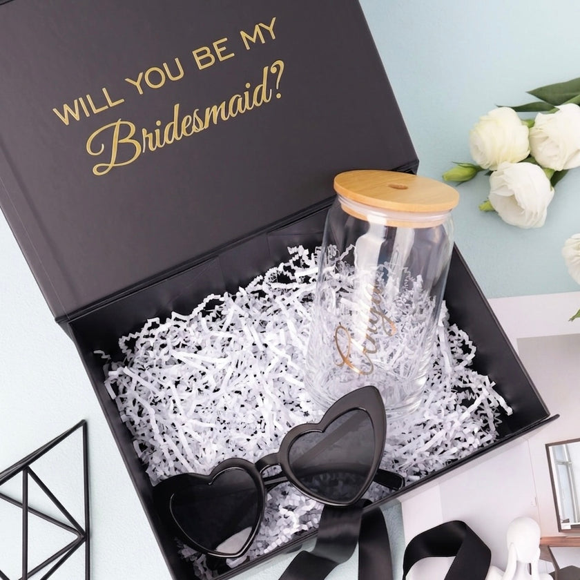 Personalized Gift Box Set – Glass Tumbler & Sunglasses for Bridesmaids & Special Occasions