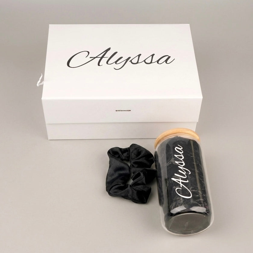Glass Tumbler Bridesmaid Gift Set – Personalized 16 oz Tumbler & Scrunchie
