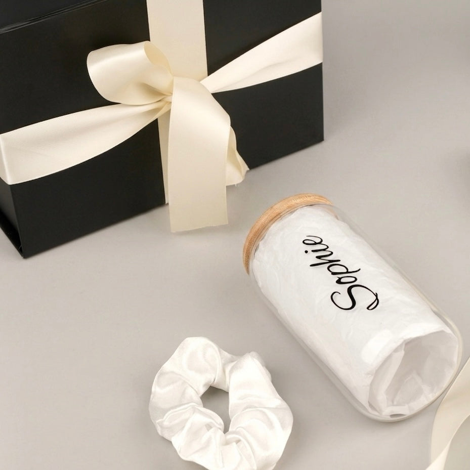 Glass Tumbler Bridesmaid Gift Set – Personalized 16 oz Tumbler & Scrunchie