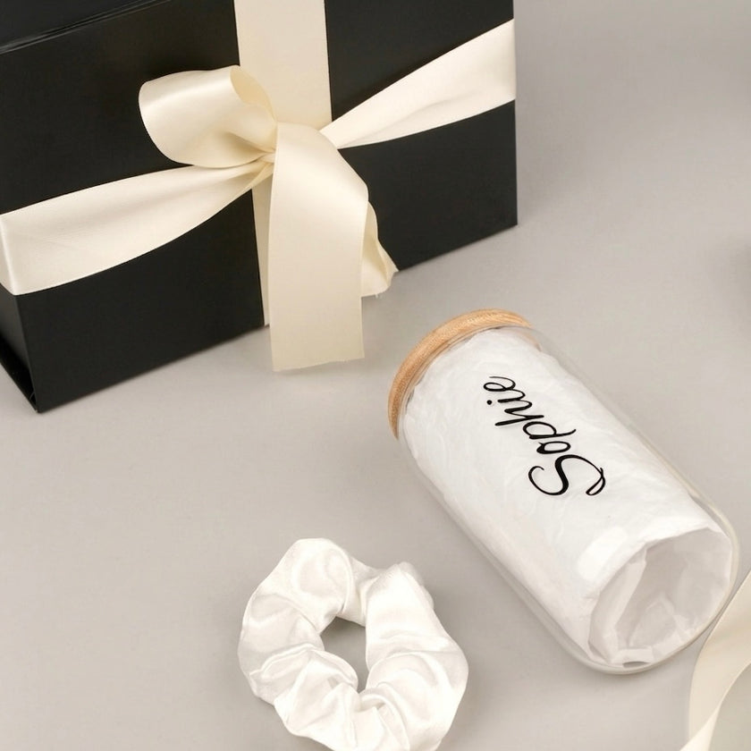 Glass Tumbler Bridesmaid Gift Set – Personalized 16 oz Tumbler & Scrunchie