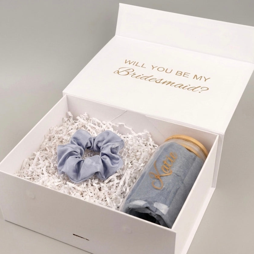 Glass Tumbler Bridesmaid Gift Set – Personalized 16 oz Tumbler & Scrunchie