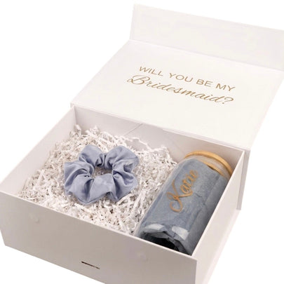 Glass Tumbler Bridesmaid Gift Set – Personalized 16 oz Tumbler & Scrunchie