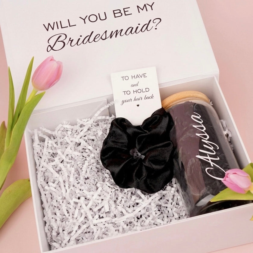 Glass Tumbler Bridesmaid Gift Set – Personalized 16 oz Tumbler & Scrunchie