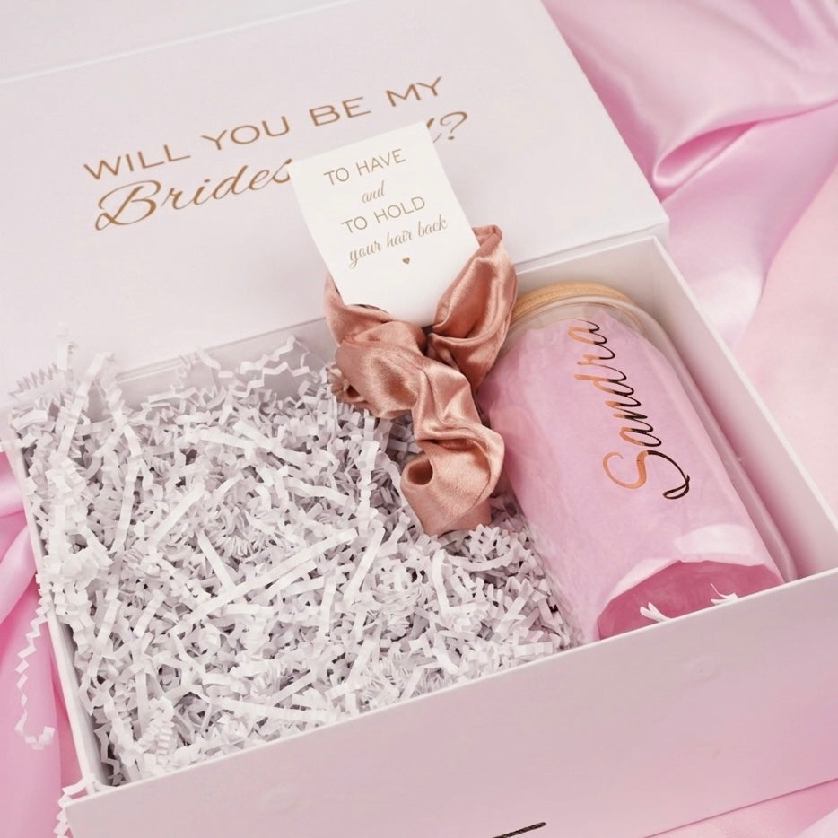 Glass Tumbler Bridesmaid Gift Set – Personalized 16 oz Tumbler & Scrunchie