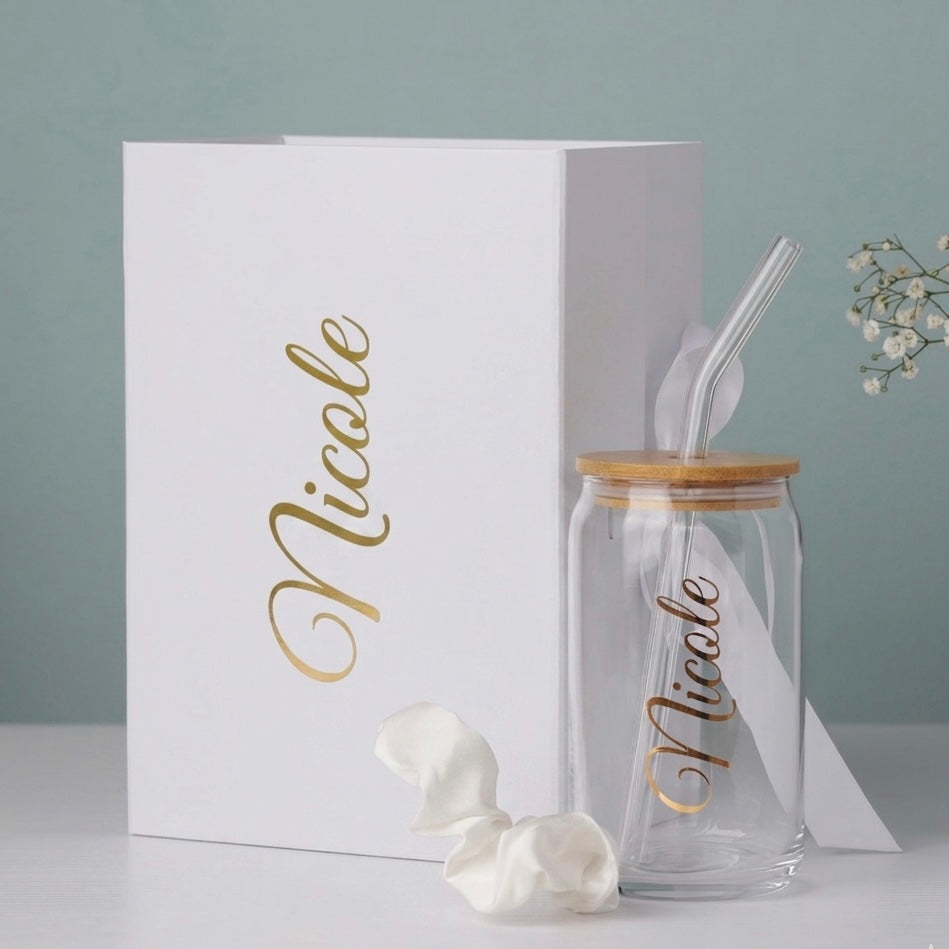 Glass Tumbler Bridesmaid Gift Set – Personalized 16 oz Tumbler & Scrunchie