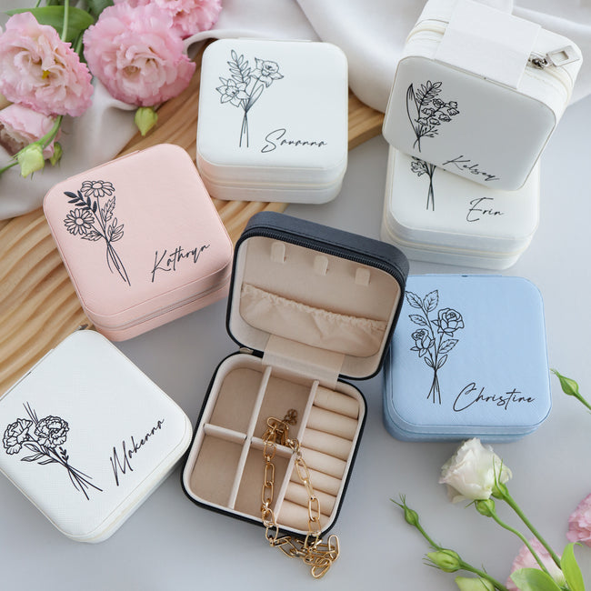 Personalized Birth Flower Jewelry Box | Custom Travel Jewelry Case Gift