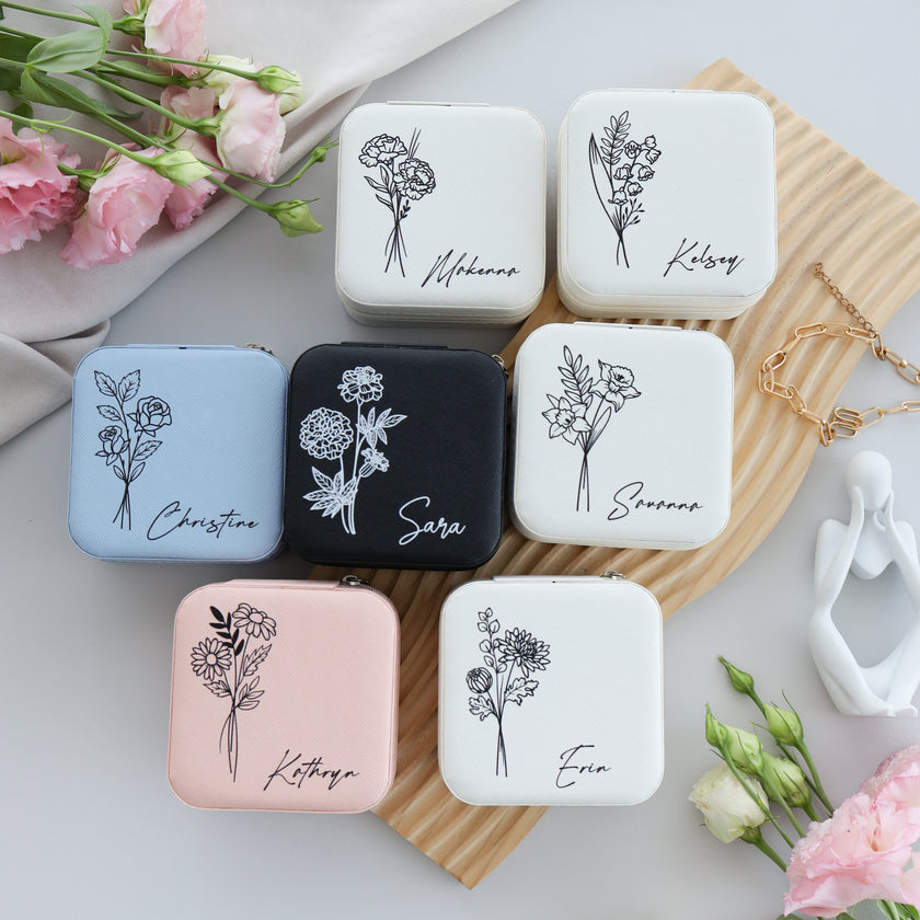 Personalized jewelry boxes arranged aesthetic flat lay collection