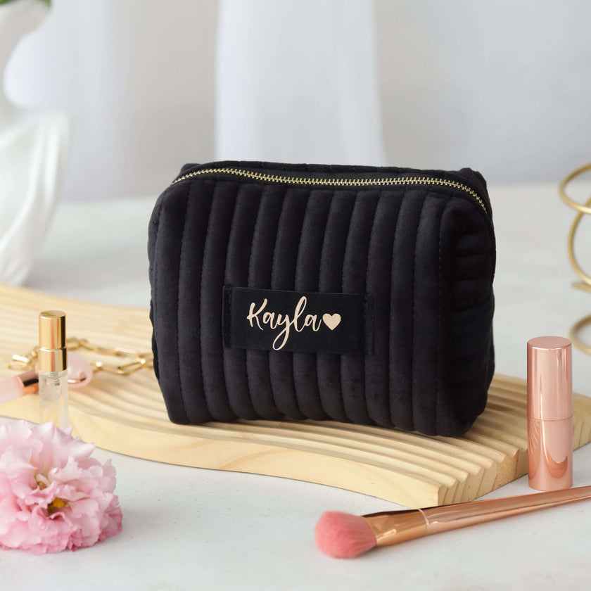 Custom name makeup bag black cosmetic pouch aesthetic setup
