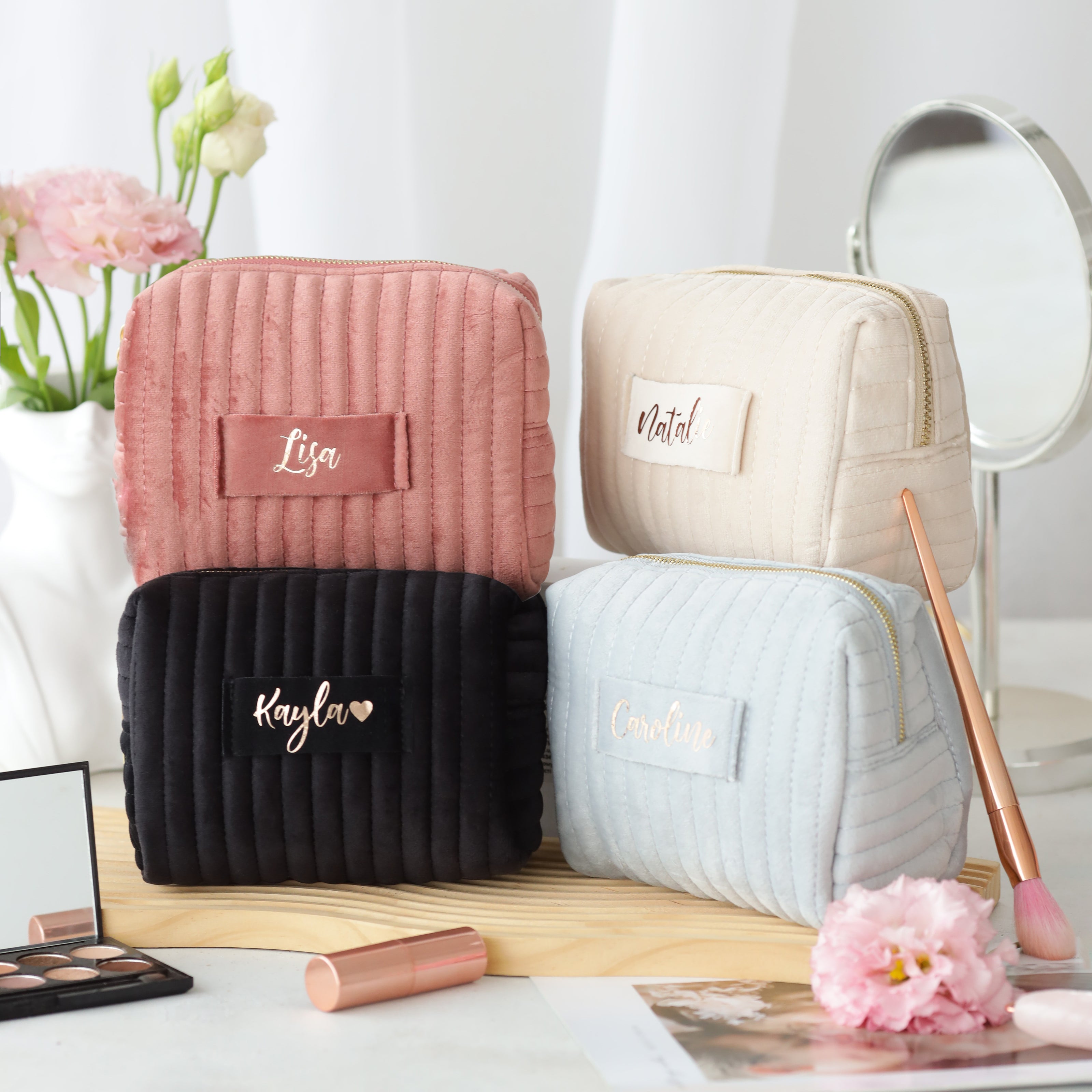 Personalized velvet makeup bag with name cosmetic pouch flat lay