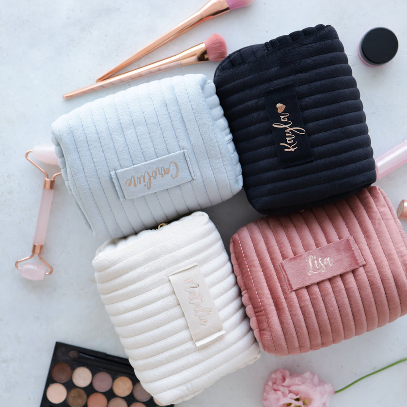 Velvet cosmetic pouch in black and pink personalized makeup bags
