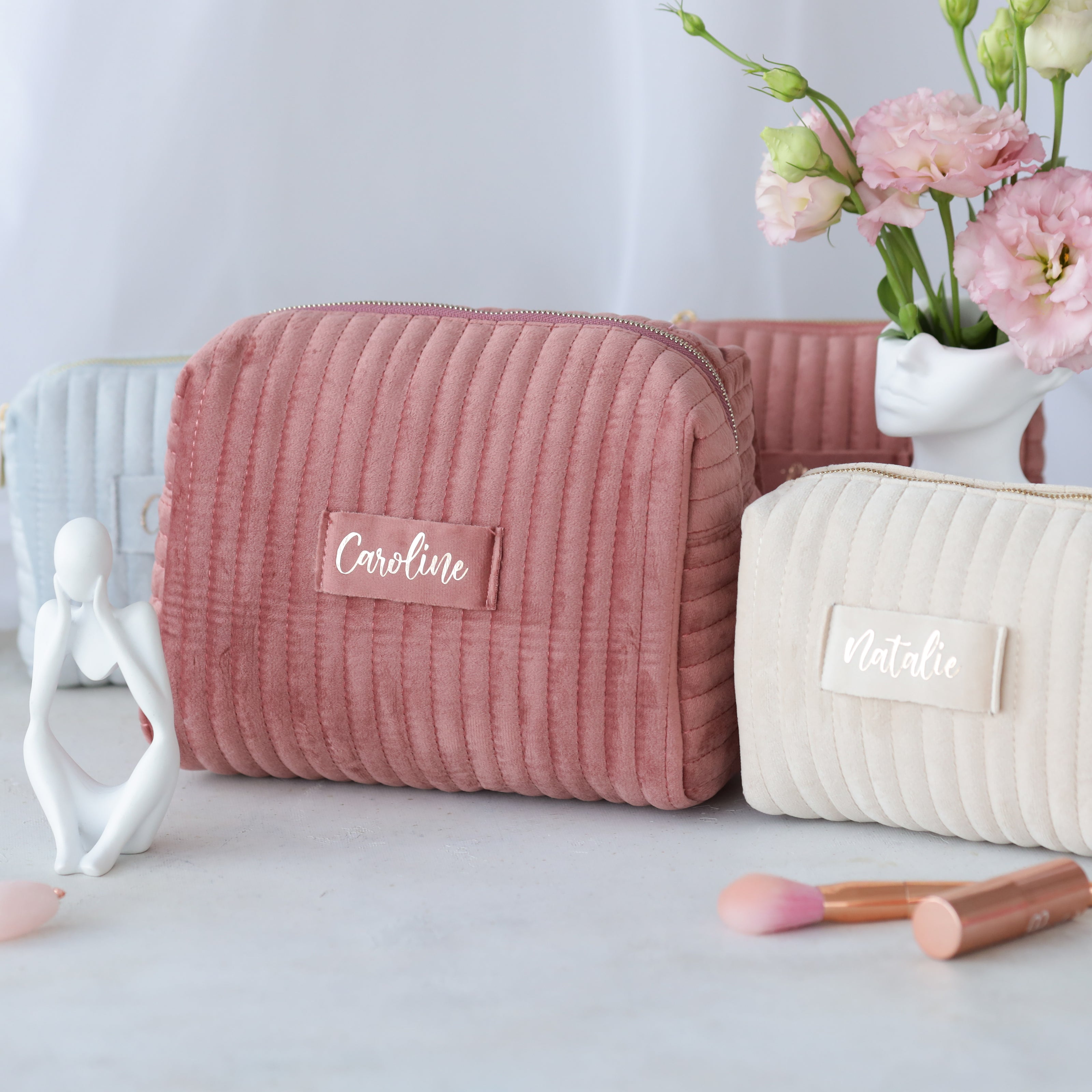 Pink personalized cosmetic bag velvet makeup pouch aesthetic setup