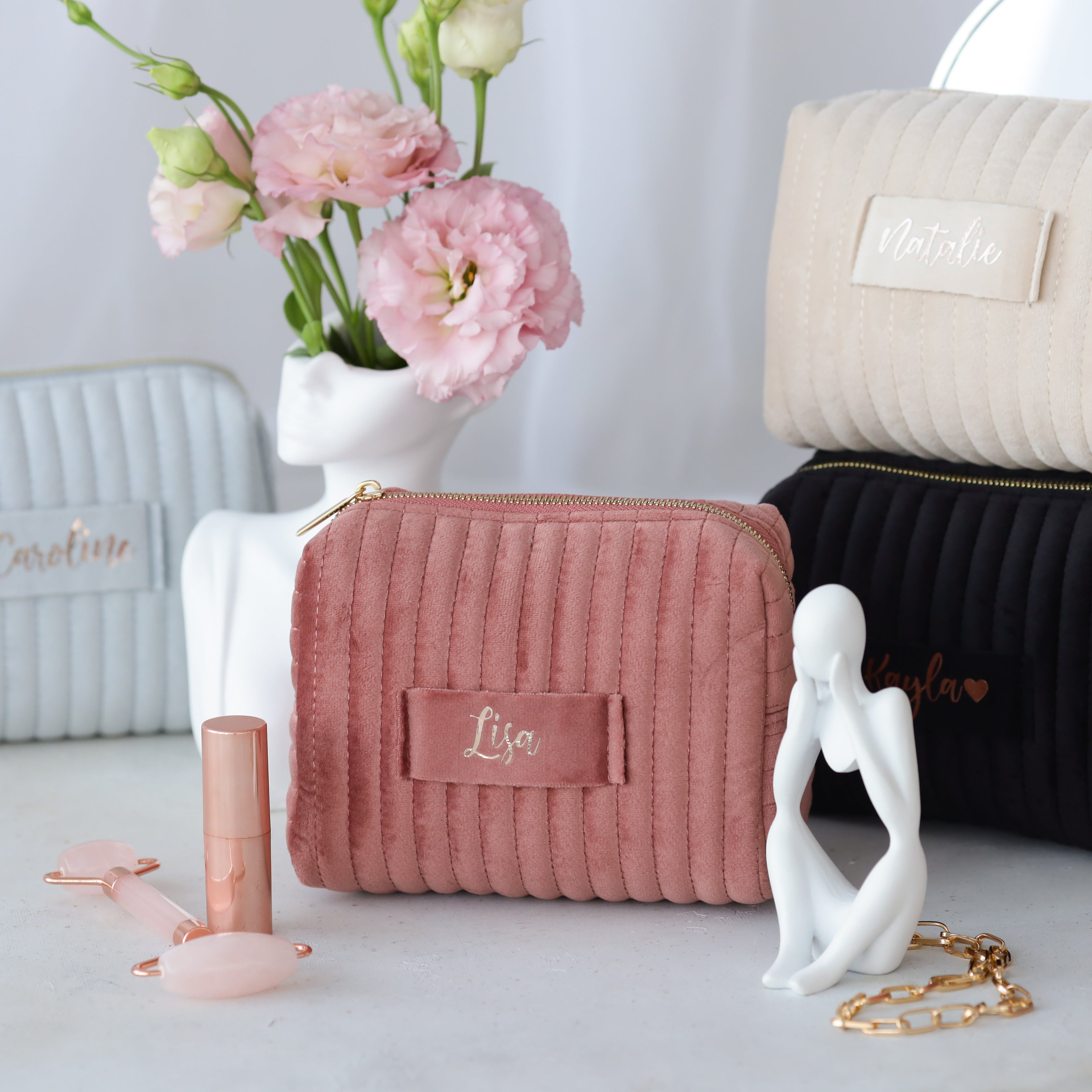 Velvet makeup bag with custom name elegant cosmetic pouch