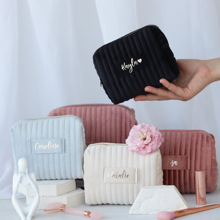 Makeup bag held in hands personalized velvet cosmetic pouch