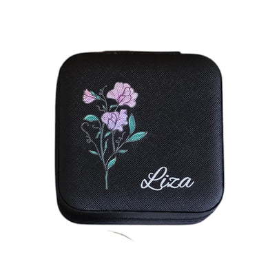 Personalized Travel Jewelry Box with Birth Flower Design – Custom Jewelry Organizer Case