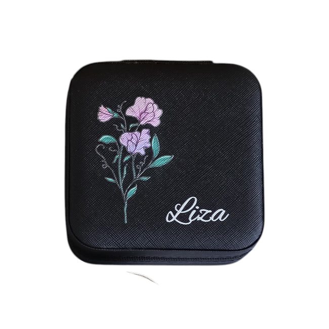 Personalized Travel Jewelry Box with Birth Flower Design – Custom Jewelry Organizer Case