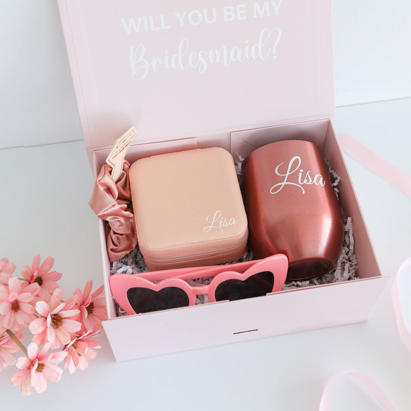 Bridesmaid gift box pink set with tumbler and jewelry case
