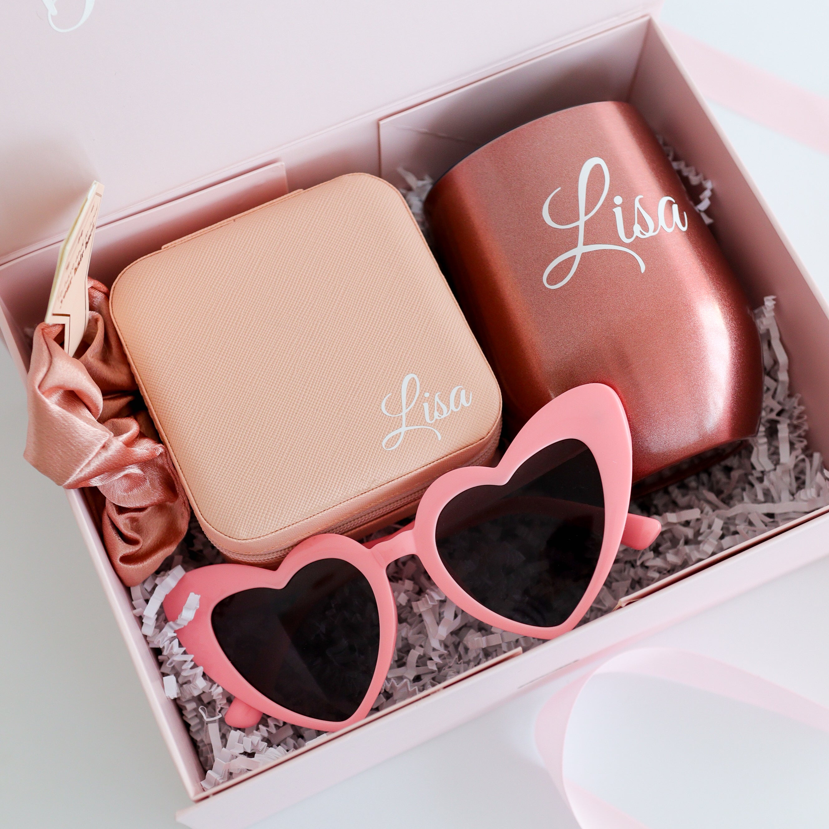 Pink bridesmaid gift box set with tumbler and accessories
