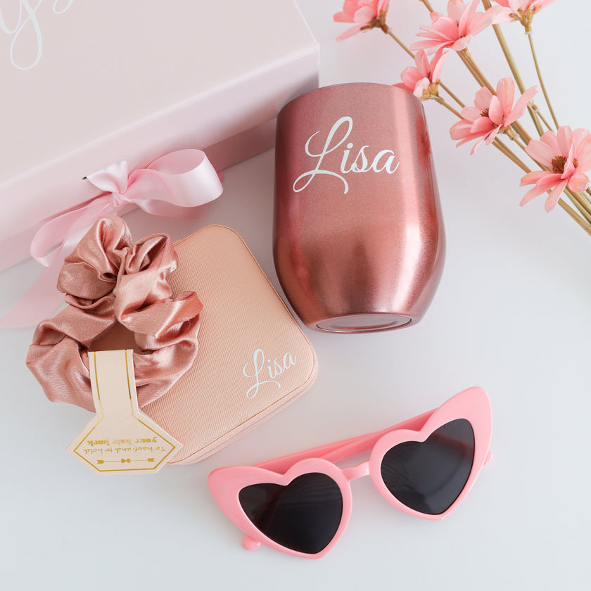 Pink bridesmaid tumbler and accessories aesthetic setup