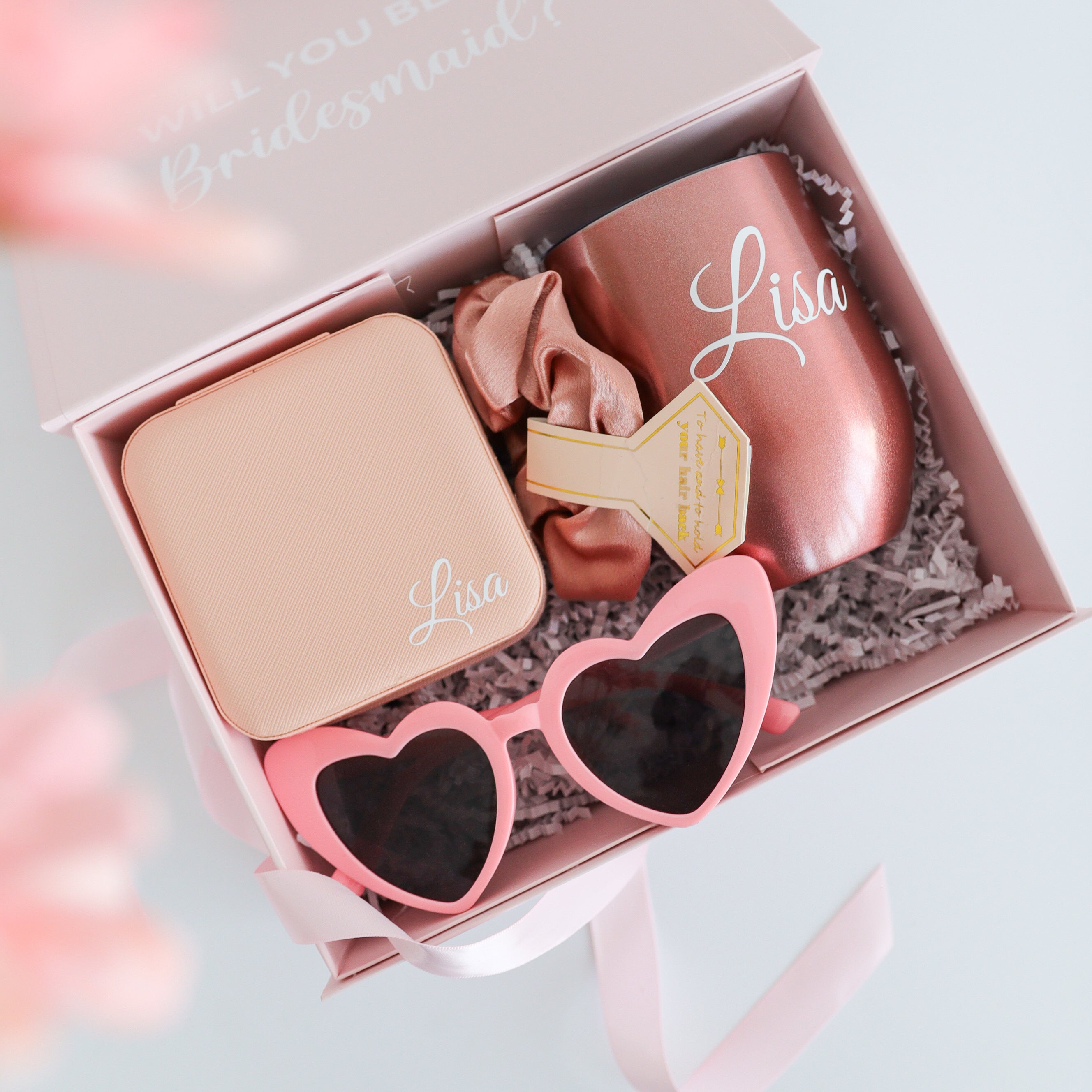 Bridesmaid gift box pink open with jewelry case and tumbler