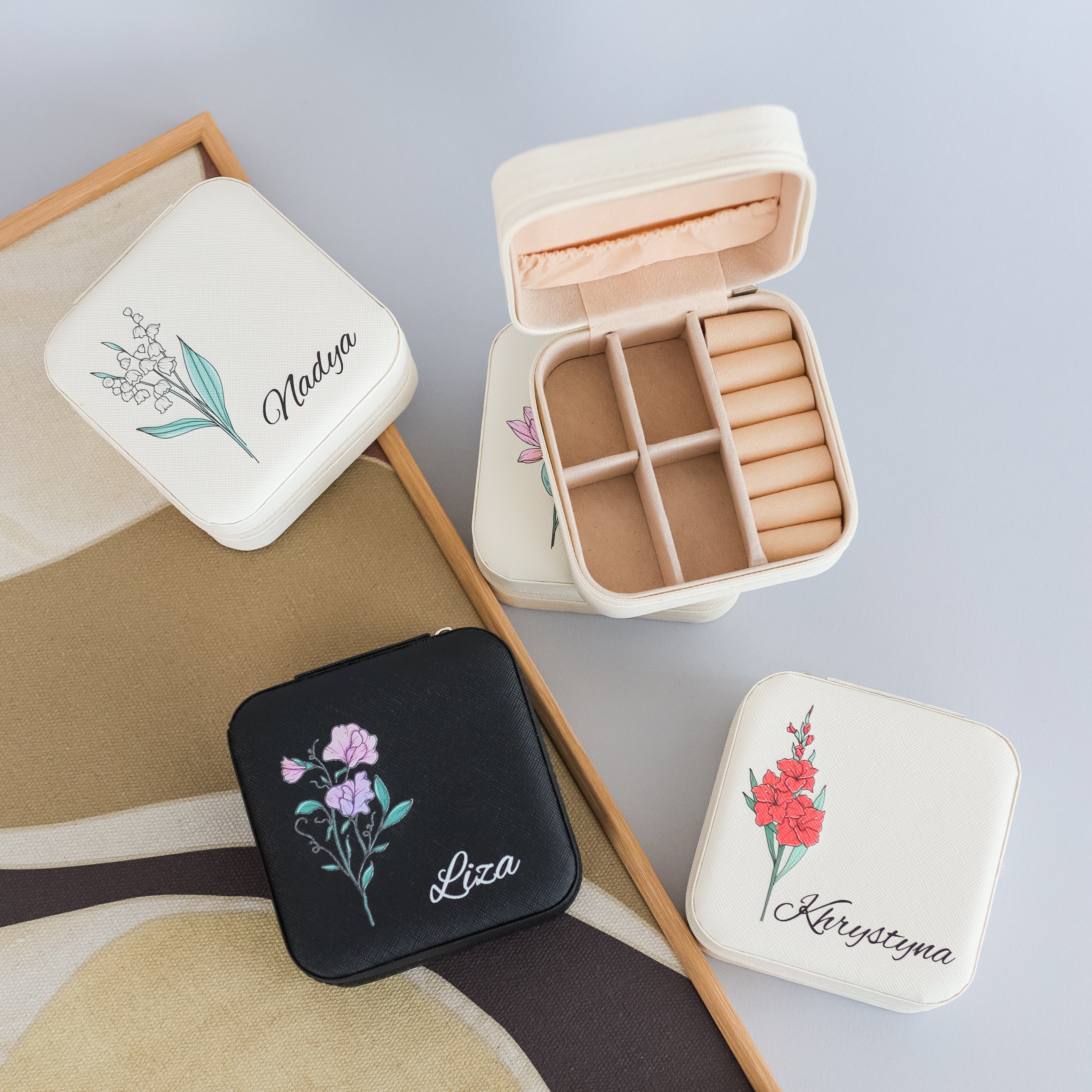 Personalized Travel Jewelry Box with Birth Flower Design – Custom Jewelry Organizer Case