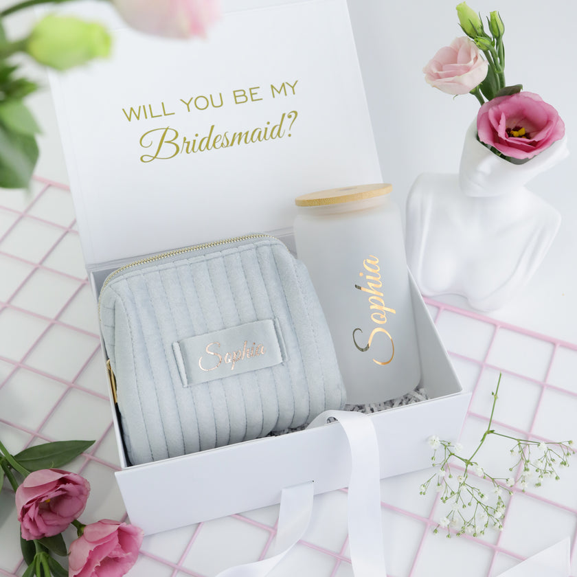 Bridesmaid proposal box with accessories arranged aesthetic