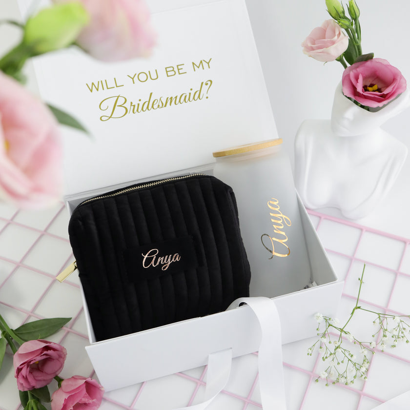 Personalized bridesmaid gift box in black and white colors