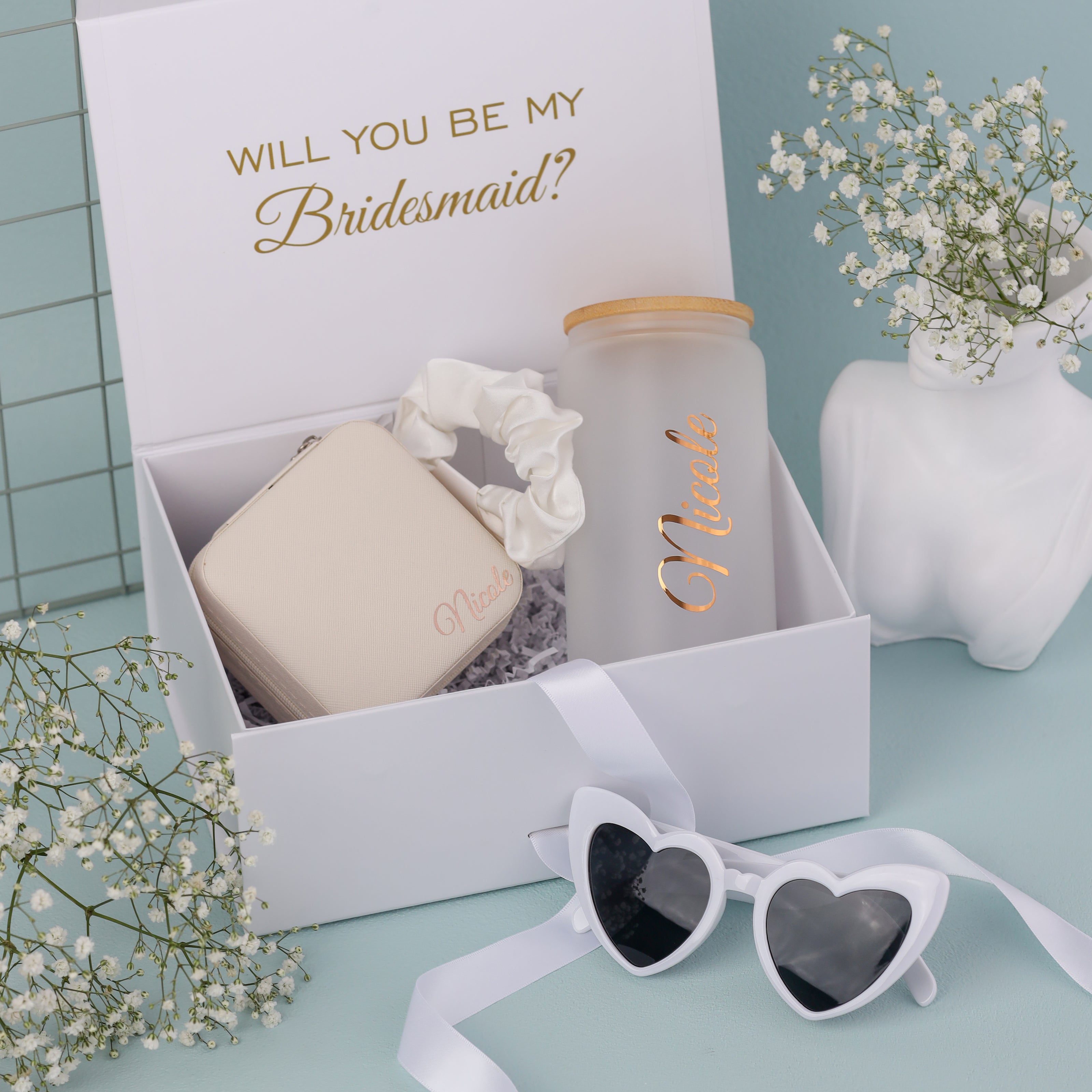 Bridesmaid gift set with tumbler jewelry case and accessories