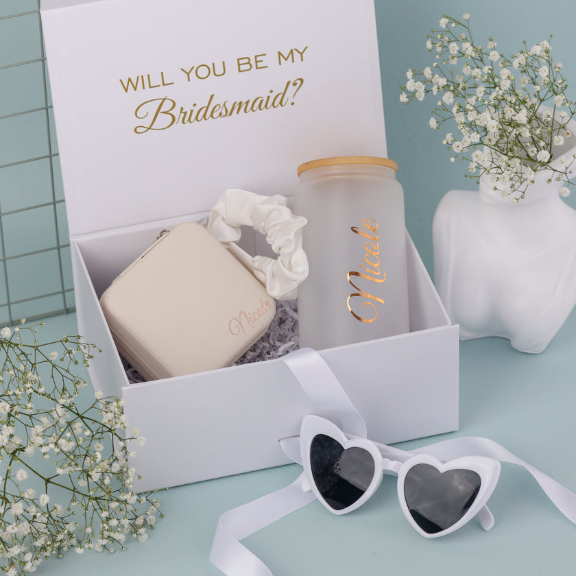 Bridesmaid gift set with tumbler jewelry case and accessories