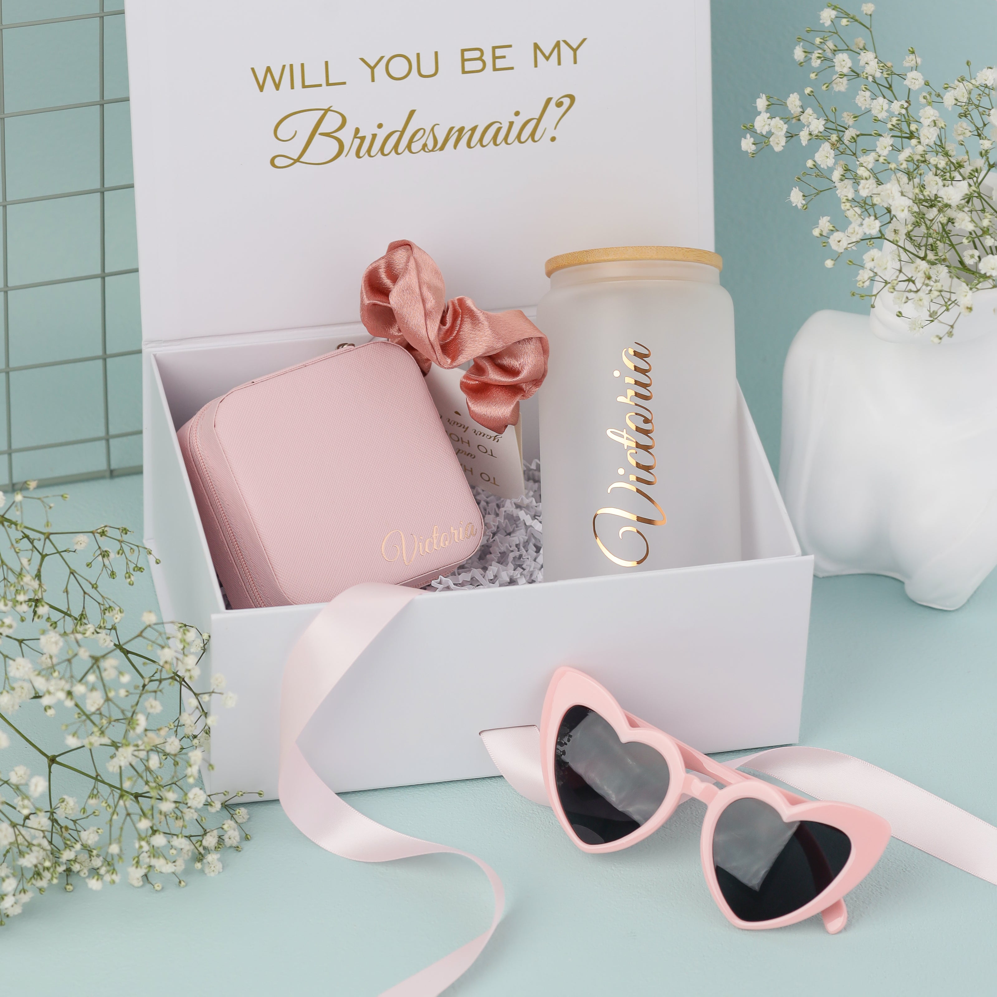 Personalized bridesmaid gift box with tumbler flat lay setup