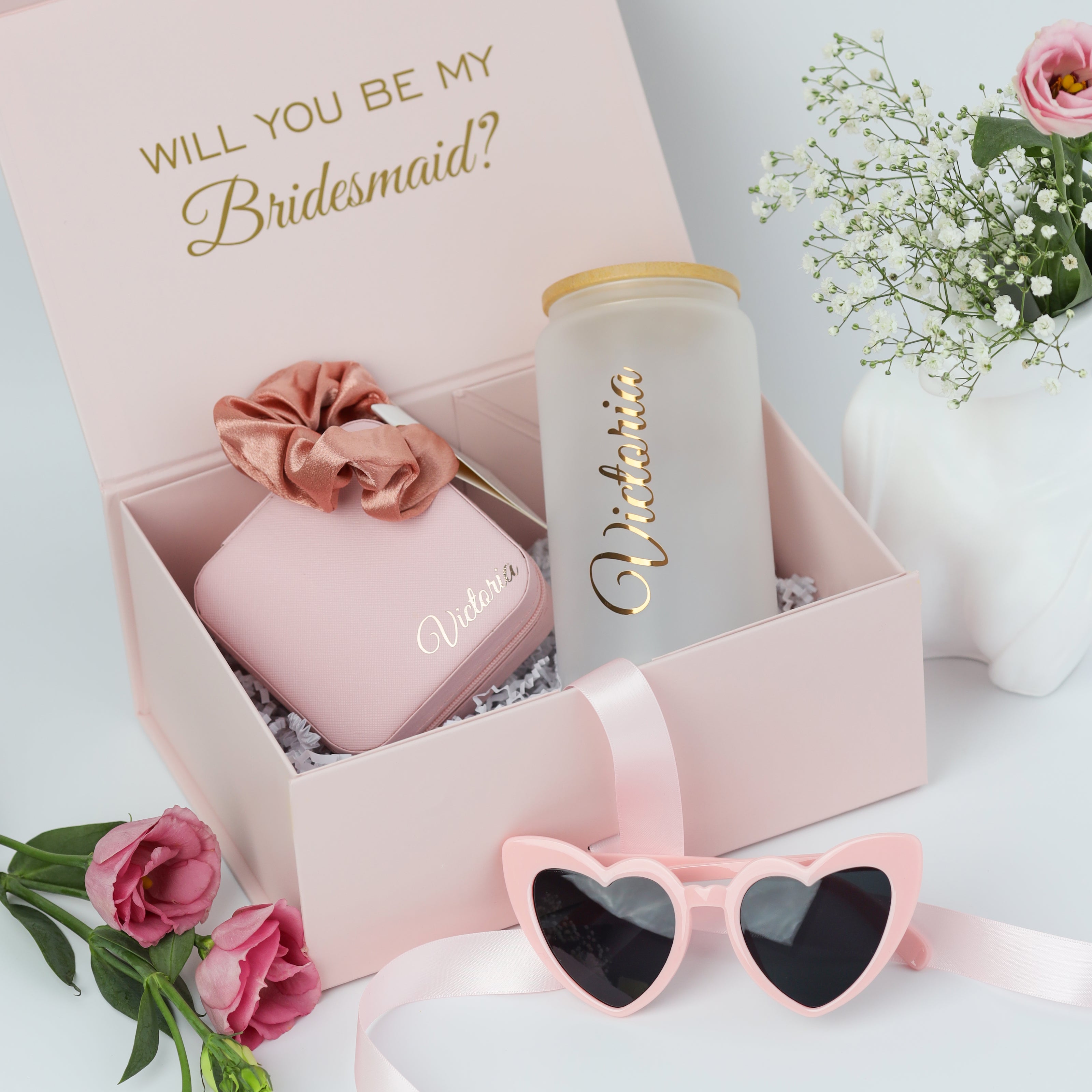 Bridesmaid proposal box with tumbler pink aesthetic styling