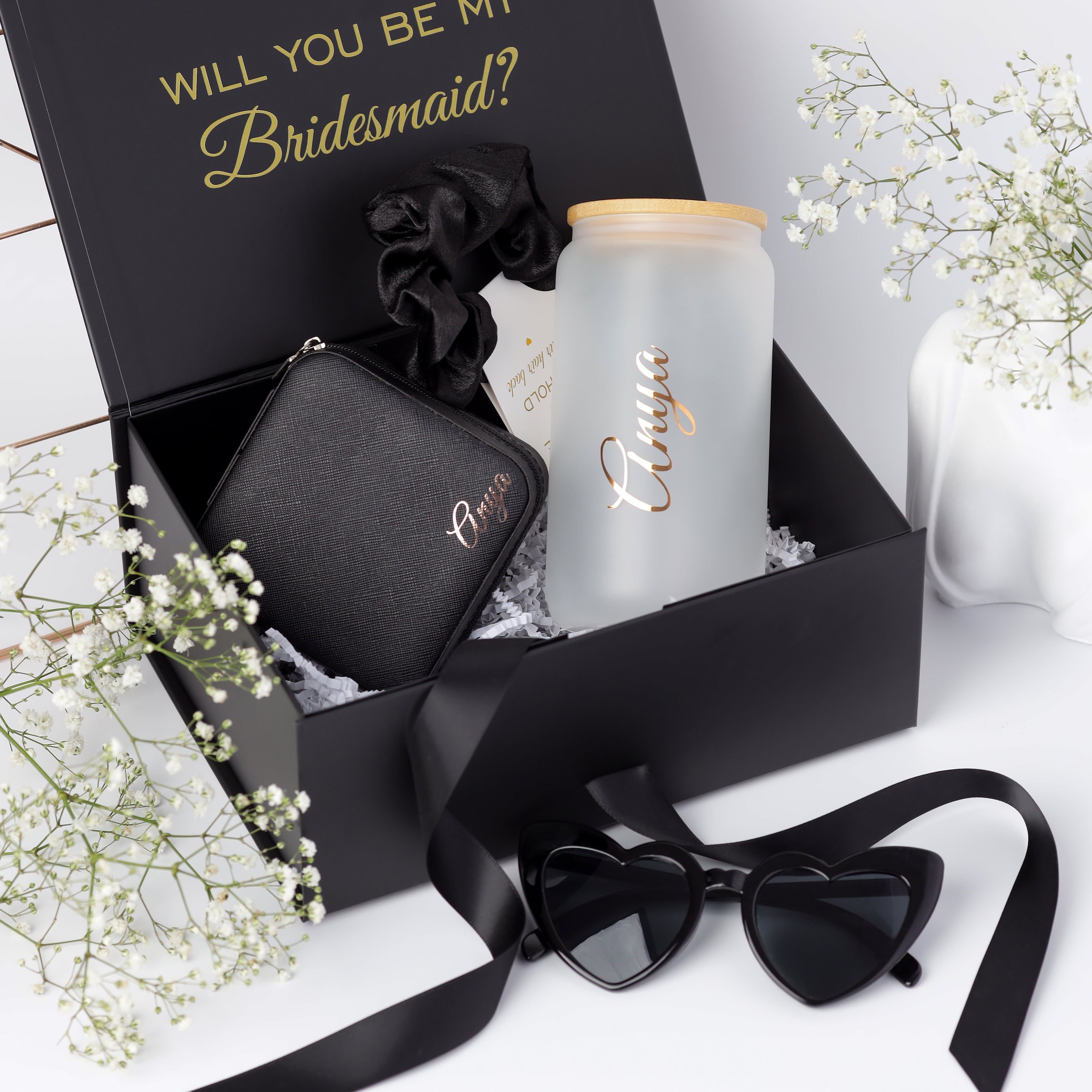 Black bridesmaid gift box with tumbler and jewelry case set
