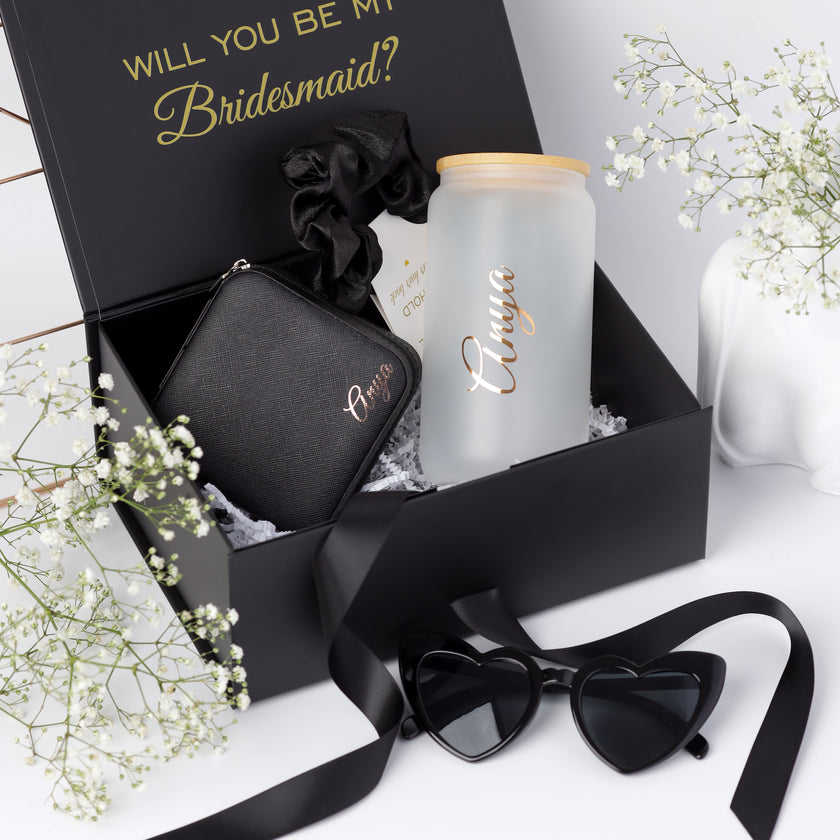 Black bridesmaid gift box with tumbler and jewelry case set
